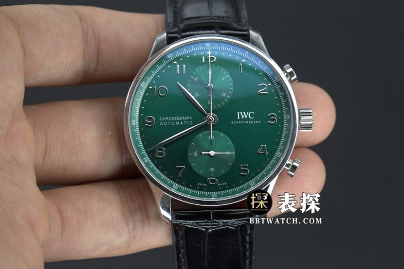 ZF FactoryIWC Portugal top-tier replica watch green dial silver needle leather strap model pictures and prices front live photo
