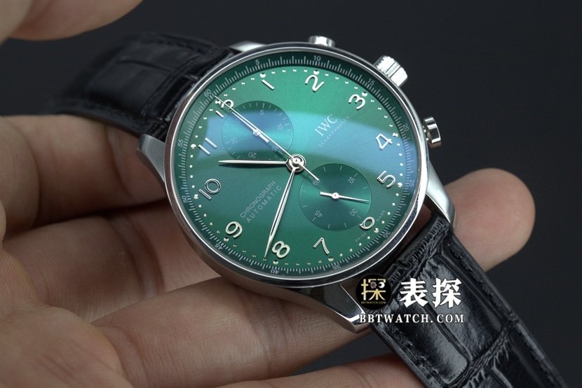 ZF FactoryIWC Portugal top-tier replica watch green dial silver needle leather strap model pictures and prices front live photo