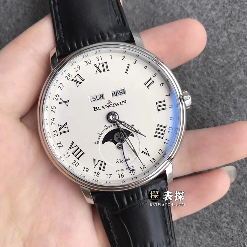 TTC factory Blancpain classic 6263 top-tier replica watch men's white dial full date displaymoon phaseleather strap model pictures and prices front live photo