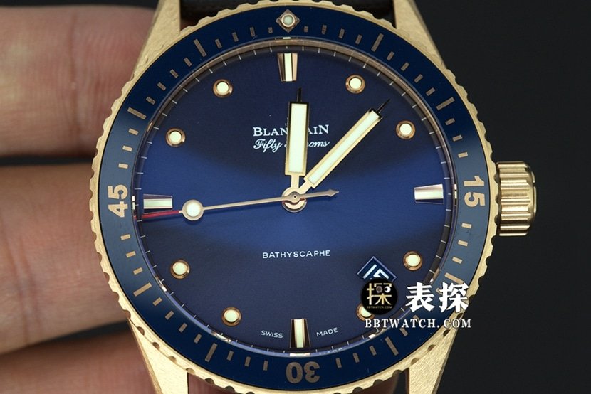 Blancpain Fifty Fathoms top-tier replica watch men's blue dial gold needle leather strap model pictures and prices front live photo