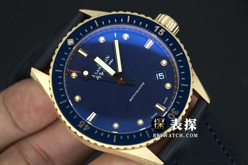 Blancpain Fifty Fathoms top-tier replica watch men's blue dial gold needle leather strap model pictures and prices front live photo