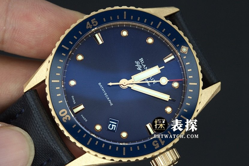 Blancpain Fifty Fathoms top-tier replica watch men's blue dial gold needle leather strap model pictures and prices front live photo
