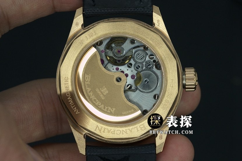 Blancpain Fifty Fathoms top-tier replica watch men's blue dial gold needle leather strap model pictures and prices caseback live photo