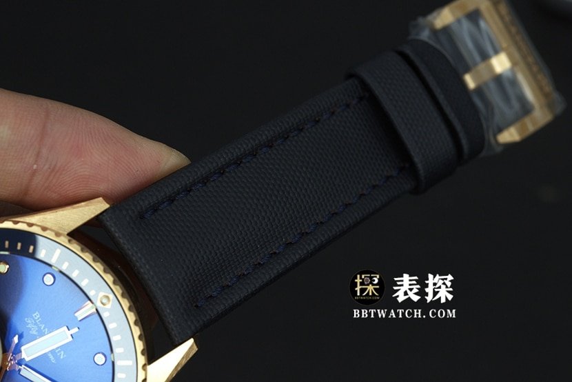 Blancpain Fifty Fathoms top-tier replica watch men's blue dial gold needle leather strap model pictures and prices braceletlive photos
