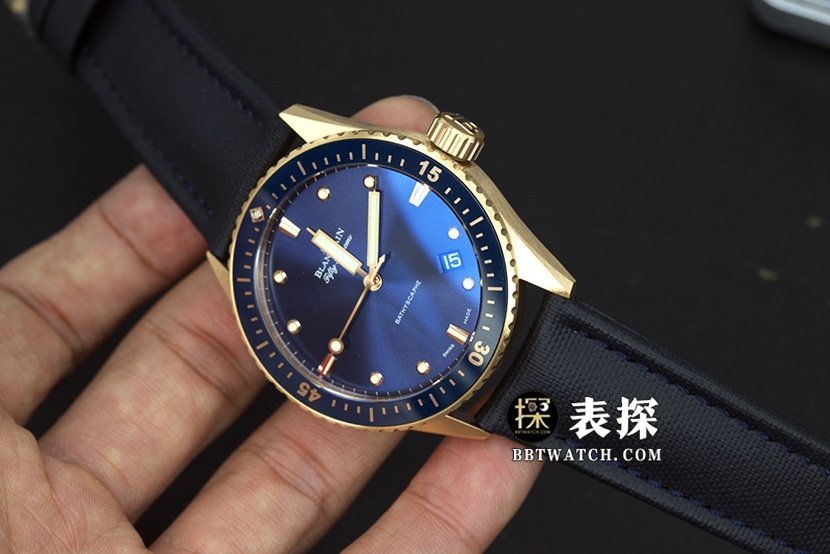 Blancpain Fifty Fathoms top-tier replica watch men's blue dial gold needle leather strap model pictures and prices overall live photos