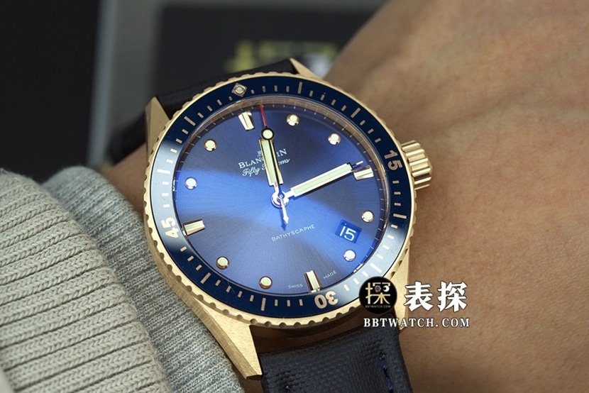 Blancpain Fifty Fathoms top-tier replica watch men's blue dial gold needle leather strap model pictures and prices wearing live photos