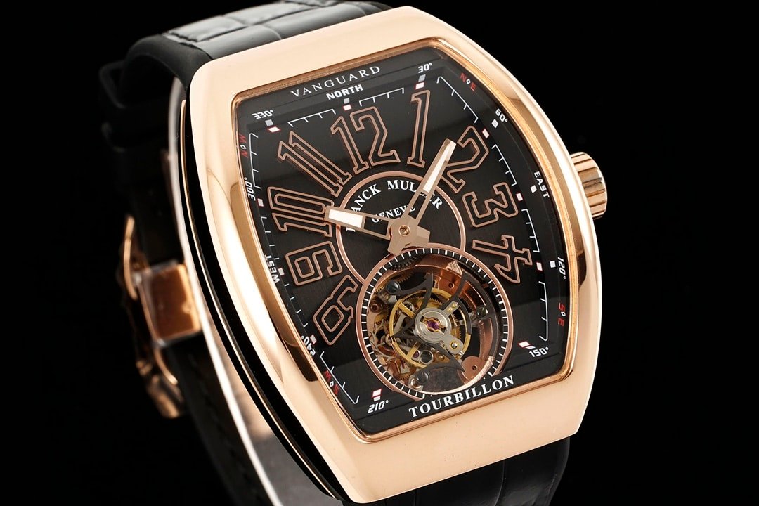 RMS factory Frank Muller men's 1:1 super clone watch black dialrose goldleather strap model V 45 T BR (NR) front live photo