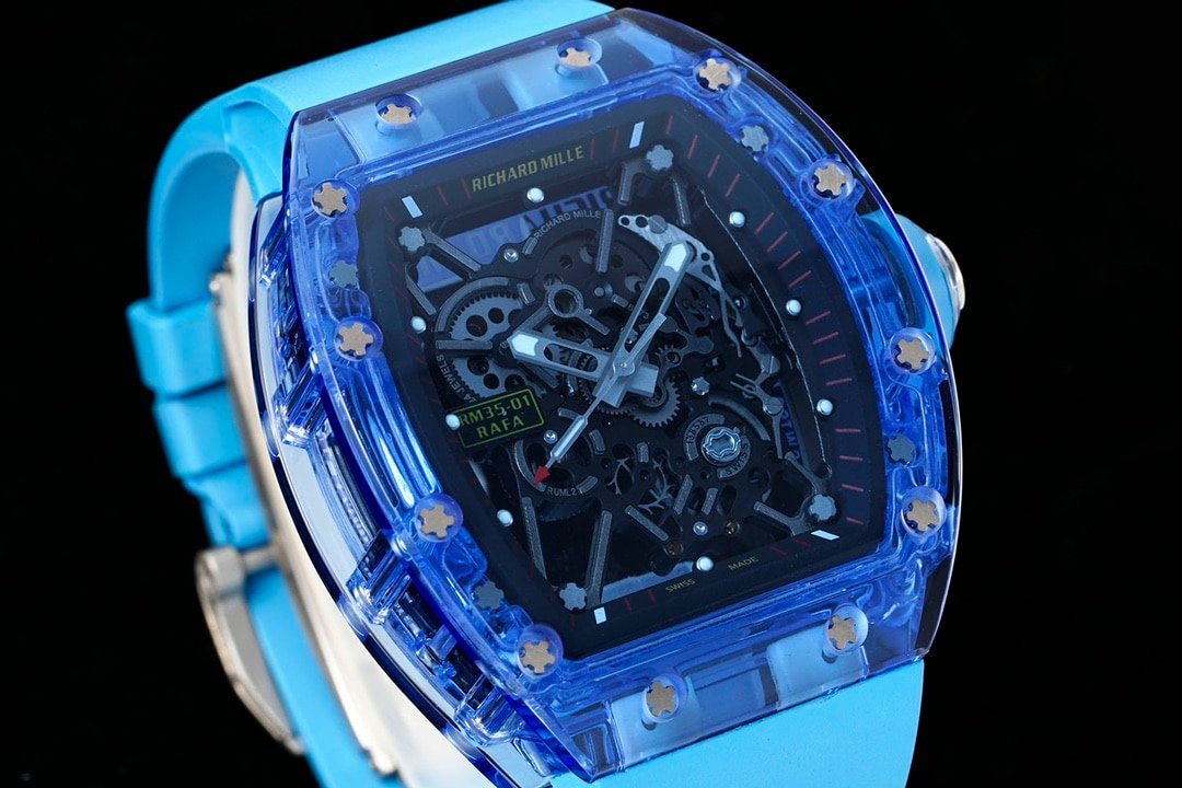 Richard Mille men's top-tier 1:1high-quality replica watch blue transparent hollow plate blue rubber model RM35-01front live photo