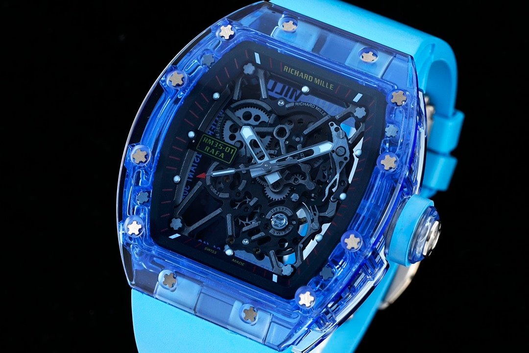 Richard Mille men's top-tier 1:1high-quality replica watch blue transparent hollow plate blue rubber model RM35-01front live photo