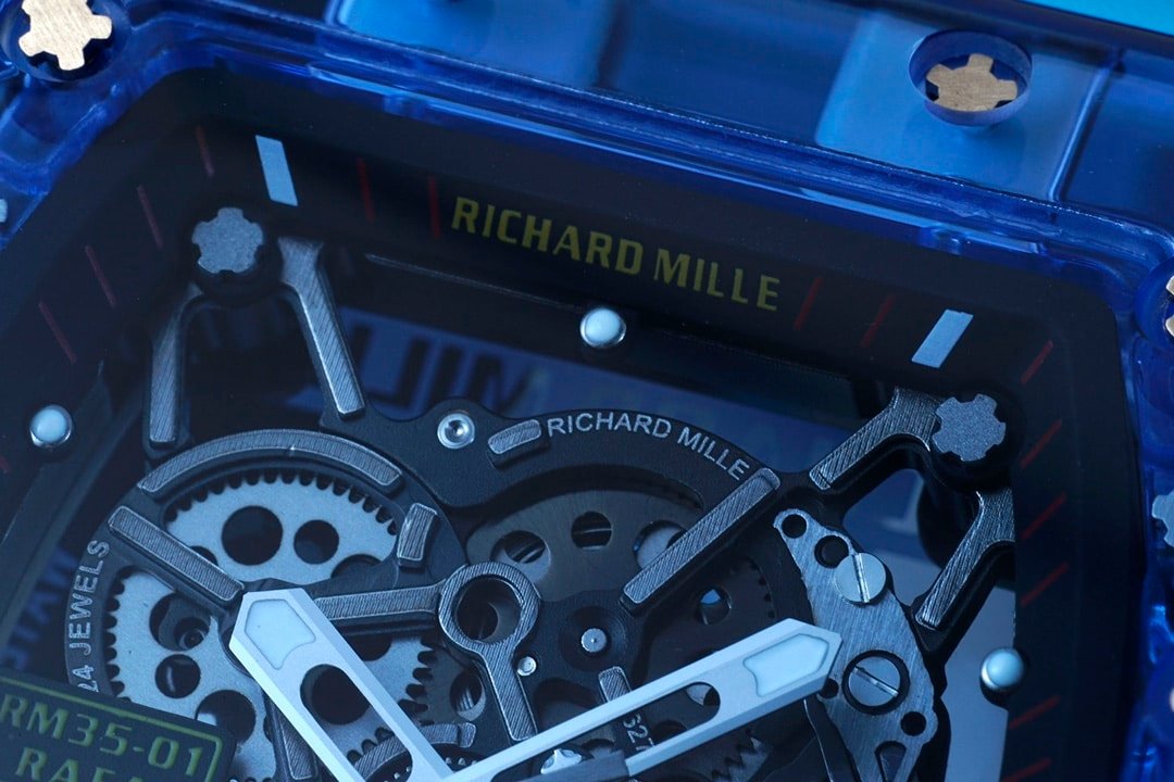 Richard Mille men's top-tier 1:1high-quality replica watch blue transparent hollow plate blue rubber model RM35-01front live photo