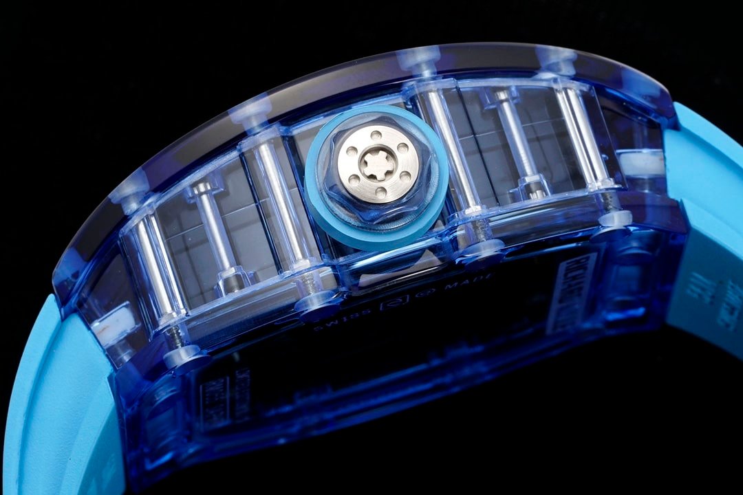 Richard Mille men's top-tier 1:1high-quality replica watch blue transparent hollow plate blue rubber model RM35-01side live photo