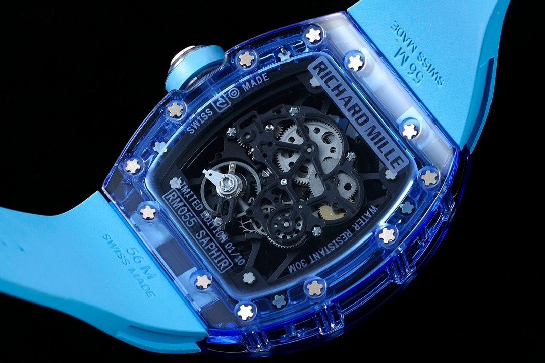 Richard Mille men's top-tier 1:1high-quality replica watch blue transparent hollow plate blue rubber model RM35-01caseback live photo