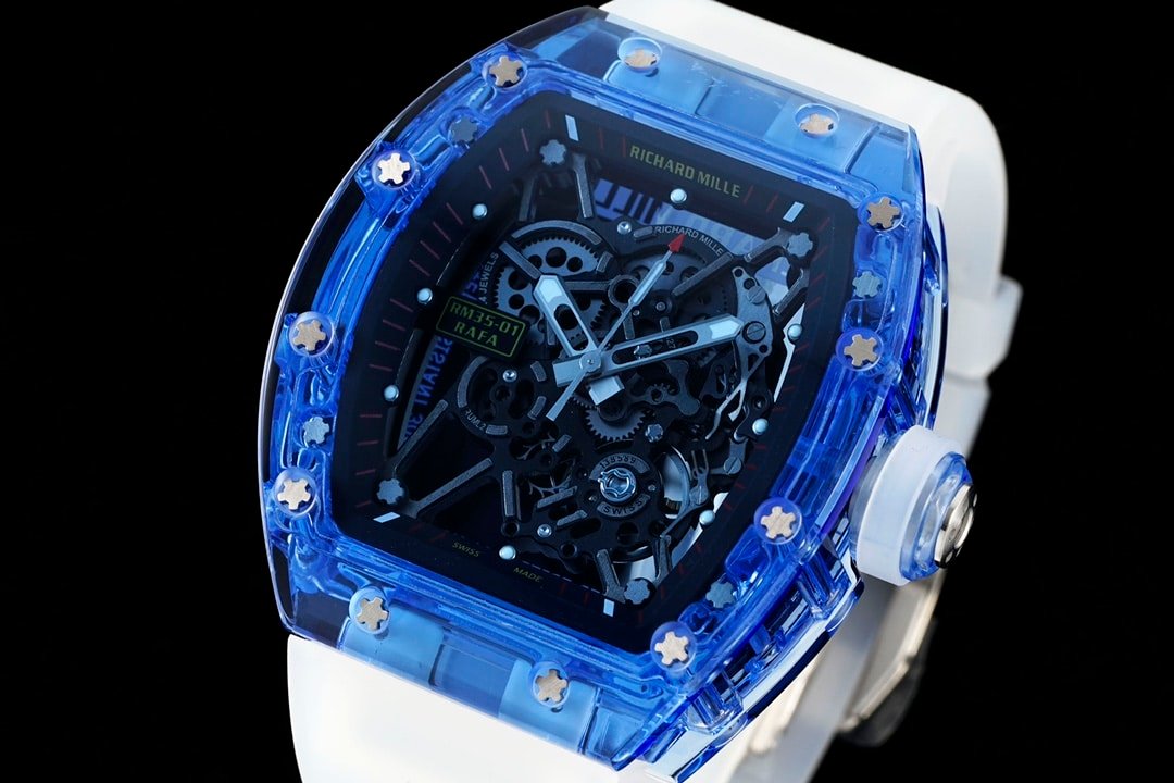 Richard Mille men's top-tier 1:1super clone watch blue transparent hollow plate rubber model RM35-01front live photo