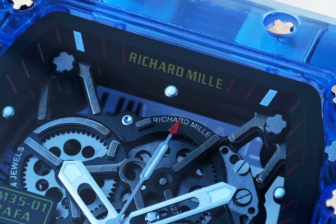 Richard Mille men's top-tier 1:1super clone watch blue transparent hollow plate rubber model RM35-01front live photo