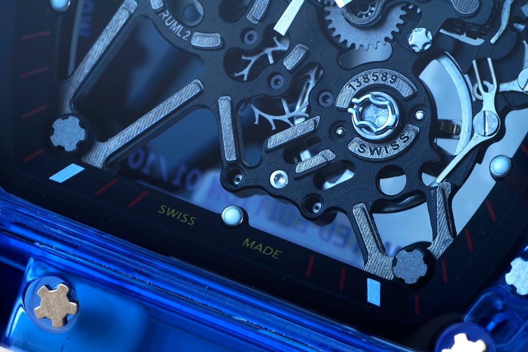 Richard Mille men's top-tier 1:1super clone watch blue transparent hollow plate rubber model RM35-01front live photo