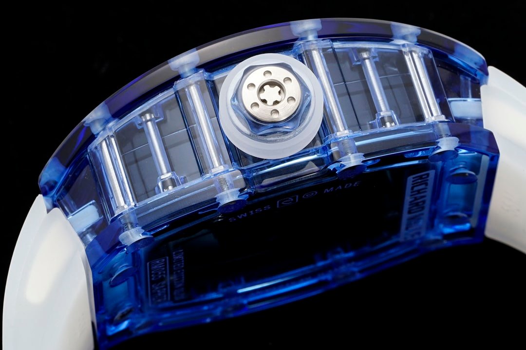 Richard Mille men's top-tier 1:1super clone watch blue transparent hollow disc rubber model RM35-01side live photo