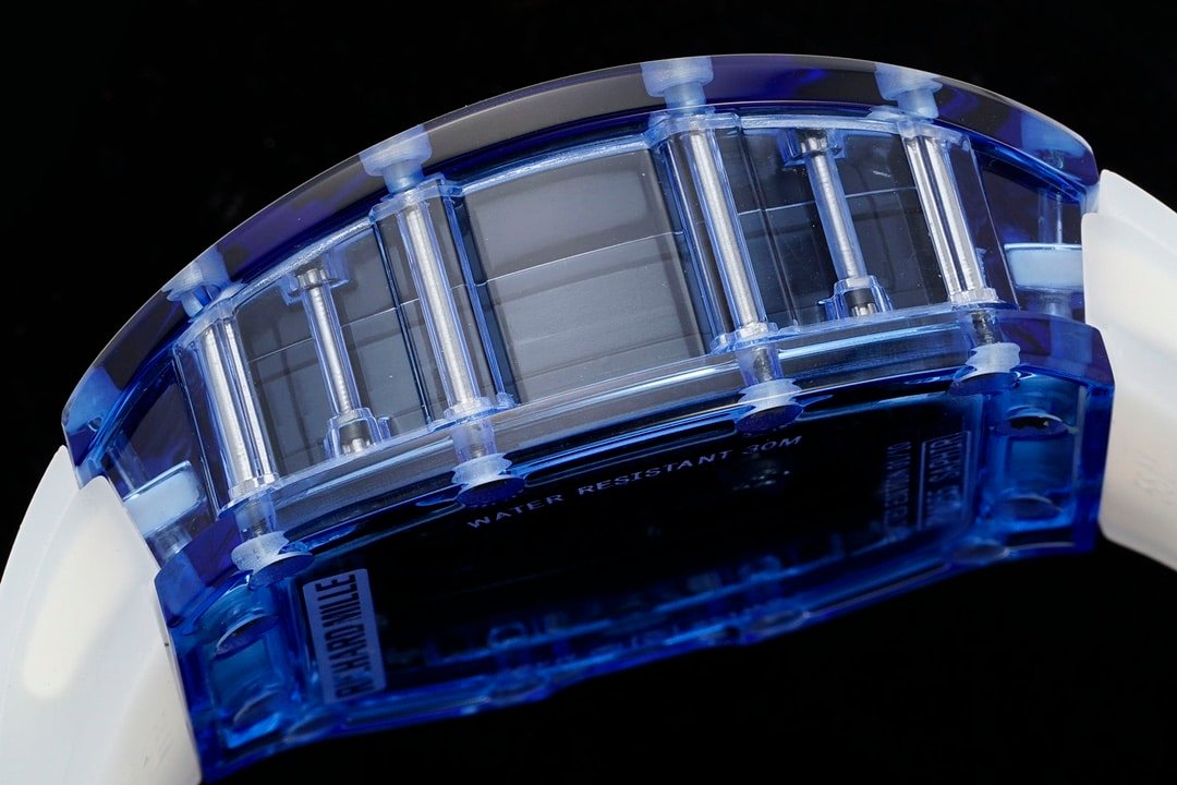 Richard Mille men's top-tier 1:1super clone watch blue transparent hollow disc rubber model RM35-01side live photo