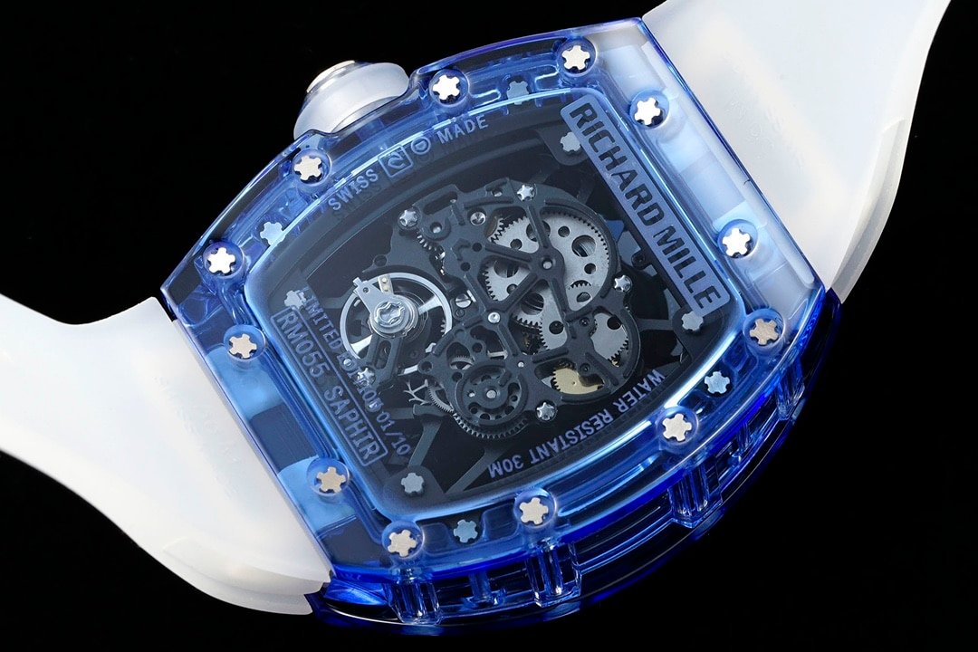 Richard Mille men's top-tier 1:1super clone watch blue transparent hollow disc rubber model RM35-01caseback live photo
