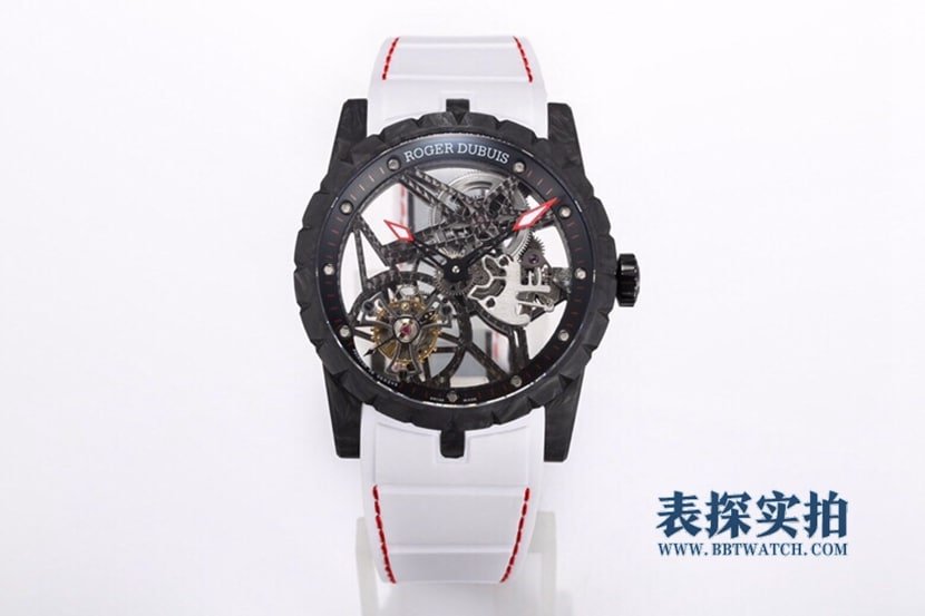 BBR King Roger Dubuis DBEX0577 1:1 replica skeletonized double bridges carbon fiber tourbillon rubber model — luxury replica watch guide | Watch Replica Expert