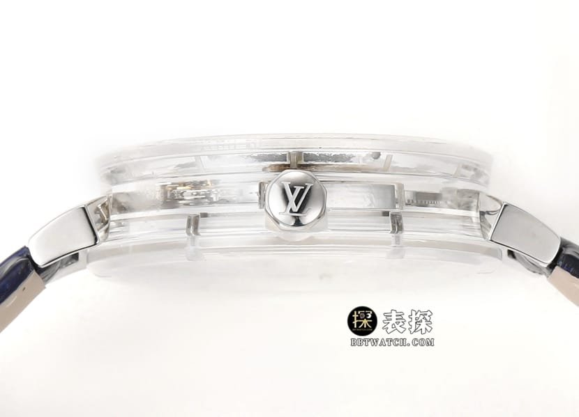 RM men's Louis Vuitton 1:1 replica watch transparent case hollow plate tourbillon dark blue color leather strap model side live photo