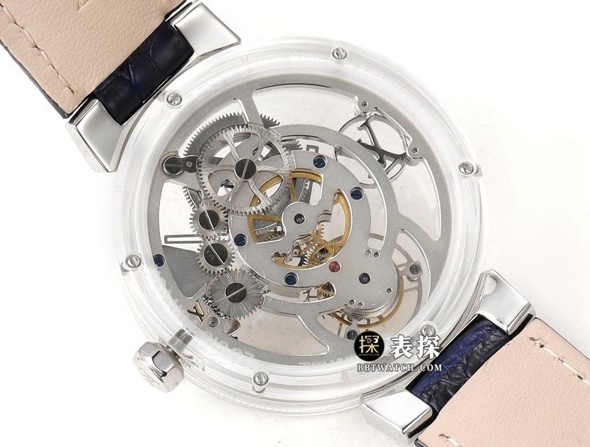 RM men's Louis Vuitton 1:1 replica watch transparent case hollow plate tourbillon dark blue color leather strap caseback live photo