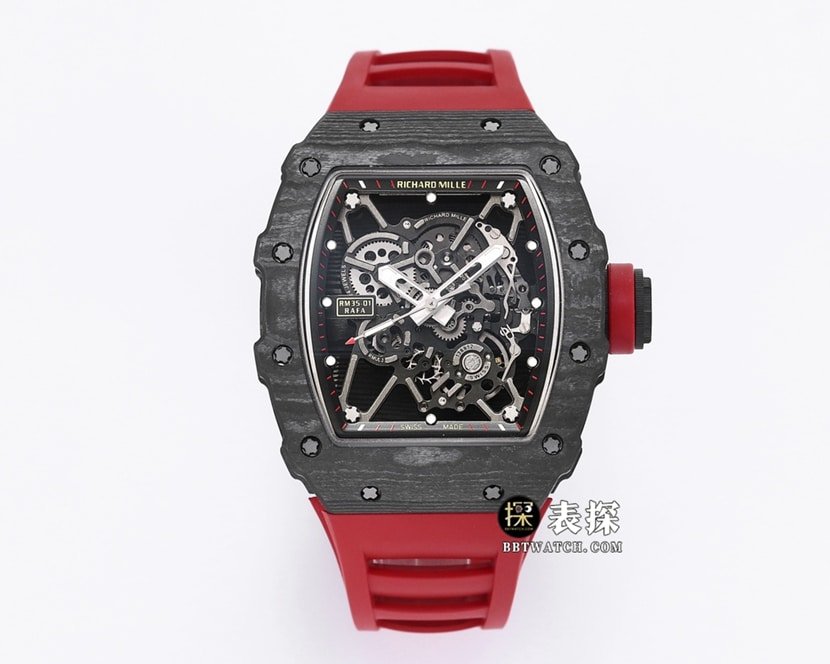 Richard Mille RM 35-01 Richard Mille réplique 1:1 montre homme tourbillon en fibre de carbone cadran noir modèle caoutchouc rouge — luxury replica watch guide | Watch Replica Expert