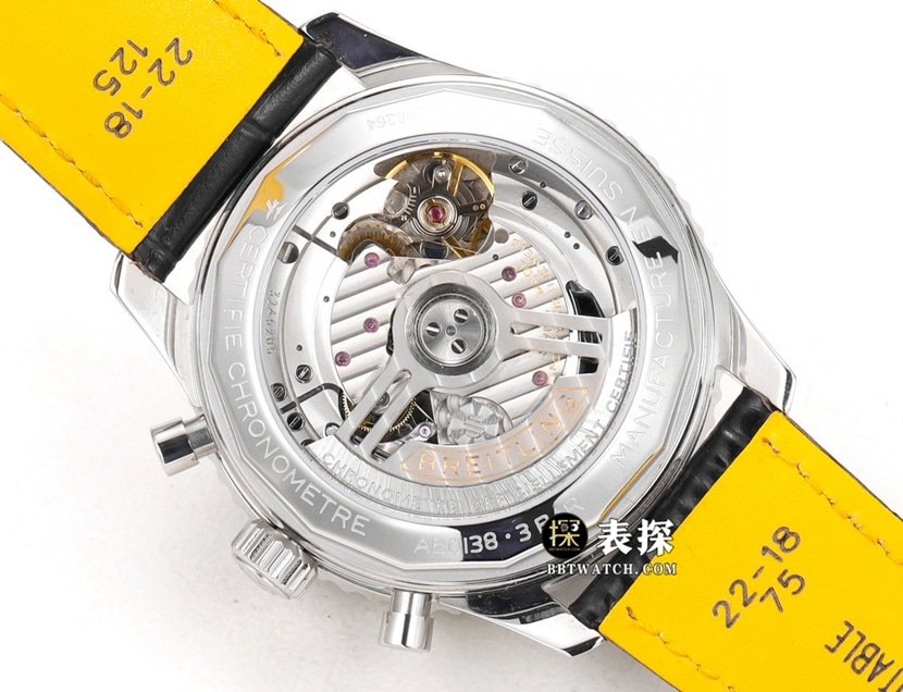 BLS aviation chronograph1Breitling1:1replica watch men's light yellow disc leather strap model AB01383B1G1P1caseback live photo