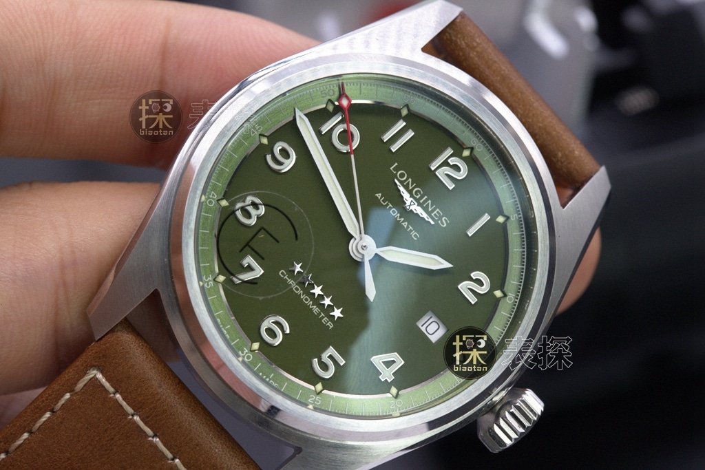 cf factory pioneer Longines 1:1replica watch green diallume brown leather bracelet front view