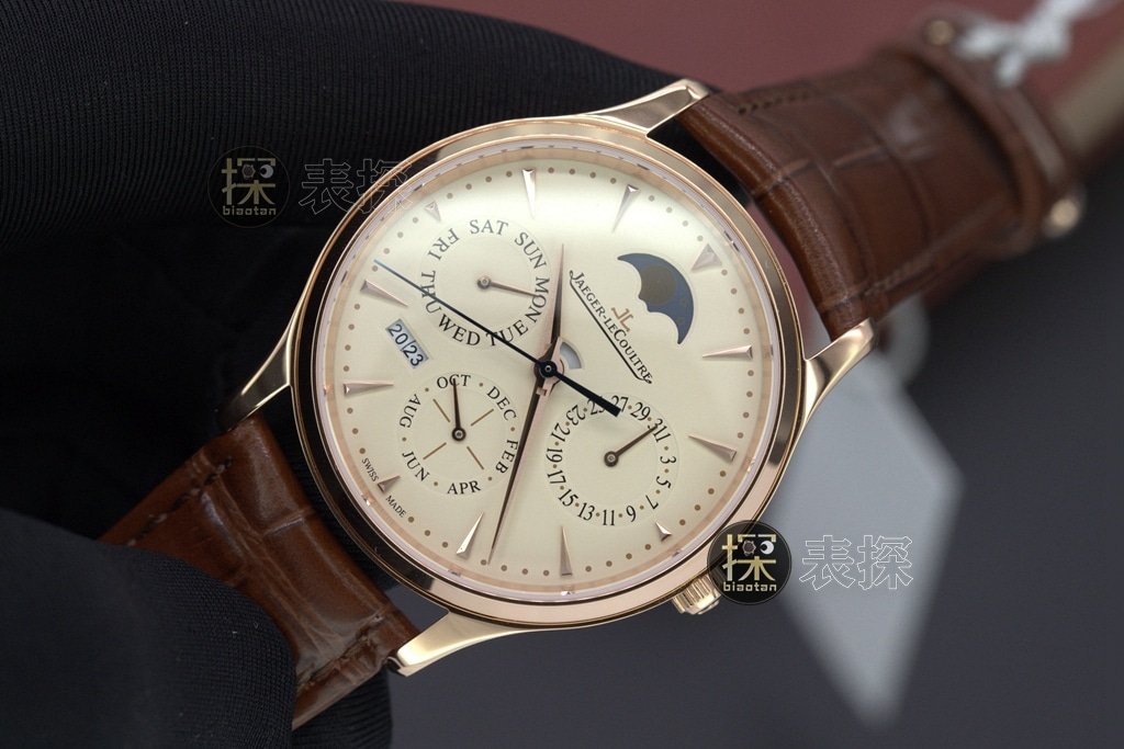 J Perpetual Calendar Jaeger-LeCoultre 1:1 replica watch rose goldchronograph brown leather bracelet front view