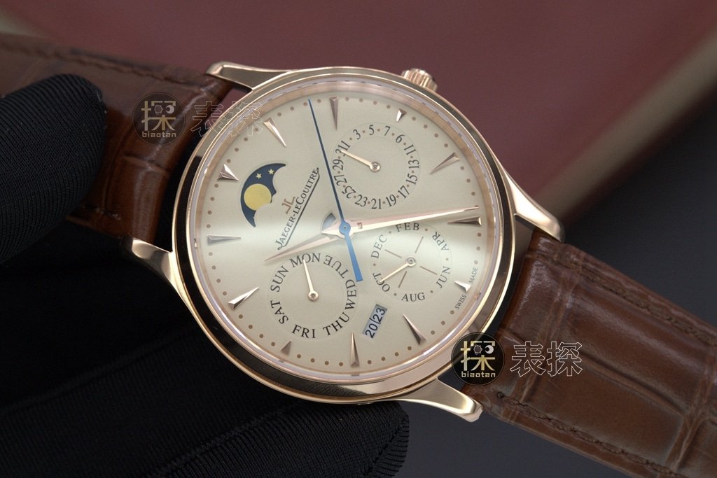 J Perpetual Calendar Jaeger-LeCoultre 1:1 replica watch rose goldchronograph brown leather bracelet front view