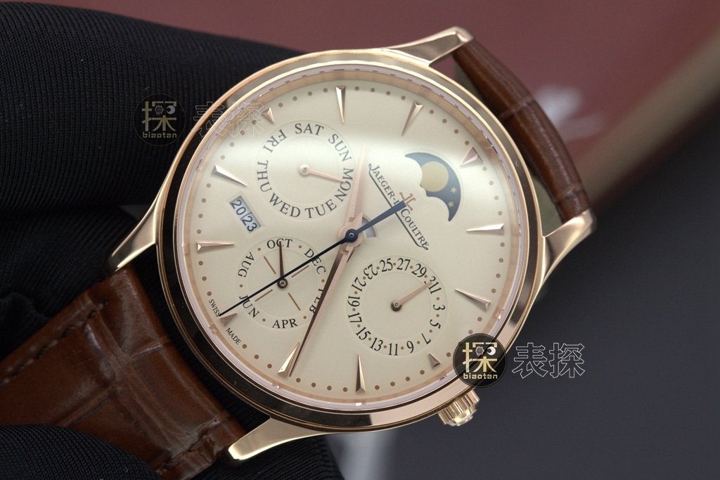 J Perpetual Calendar Jaeger-LeCoultre 1:1 replica watch rose goldchronograph brown leather bracelet front view