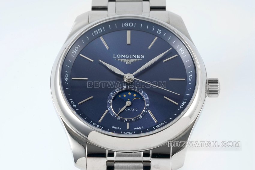 APS factory Longines watchmaking tradition 1:1top-tier replicablue dialmoon phasesteel bracelet model L2.909.4.92.6front live photo
