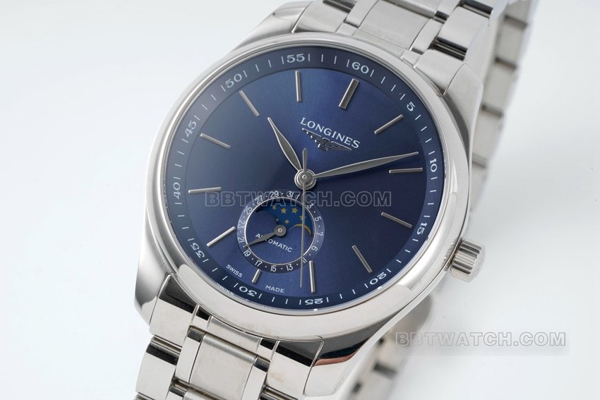 APS factory Longines watchmaking tradition 1:1top-tier replicablue dialmoon phasesteel bracelet model L2.909.4.92.6front live photo