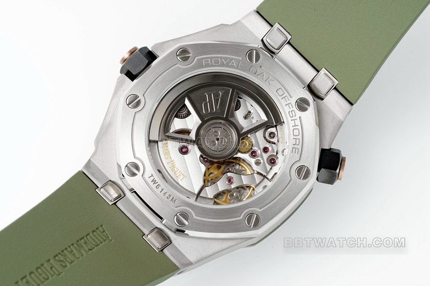 APS factory Audemars PiguetRoyal Oak offshore super clone avocado rubber model 15720ST.OO.A052CA.01caseback live photo