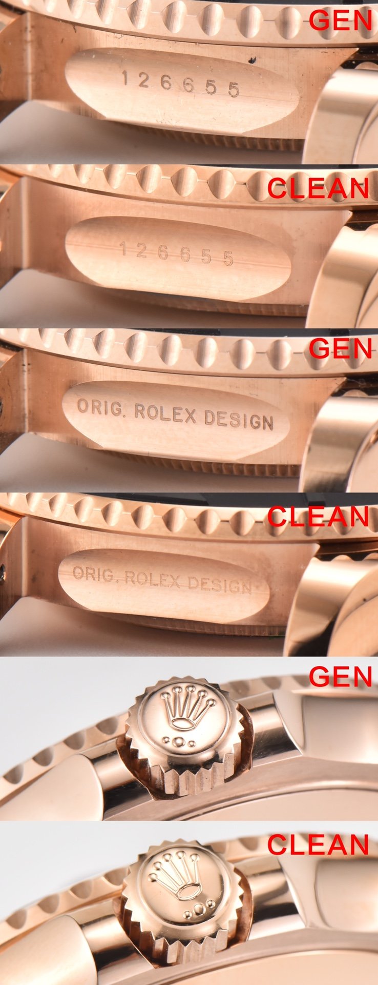 C Factory Yacht-Master Rose Gold Authentic and Fake Comparison Evaluation Rolextop-tier Replica Watch Case Comparison Chart