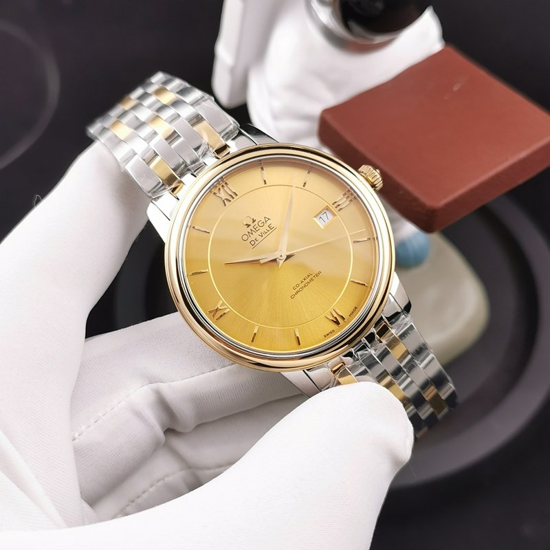 Omega De Ville 424.20.37 KY Factory mostrador amarelo disco voador 1:1 Super A relógio com pulseira de aço de imitação fina — luxury replica watch guide | Watch Replica Expert