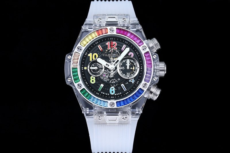 Hublot BIG BANG Top Réplica Esqueleto Dial Rainbow Diamond Bezel Relógio Mecânico Transparente 411.JX — luxury replica watch guide | Watch Replica Expert