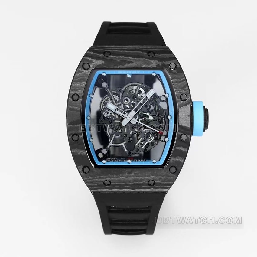 BBR Factory RM055 Richard Mille Reloj mecánico para hombre, réplica Super A 1:1 de fibra de carbono esqueletizada con anillo interior azul y movimiento de una sola pieza — luxury replica watch guide | Watch Replica Expert