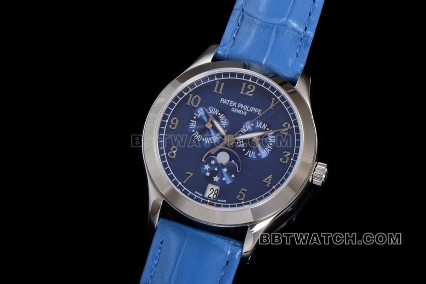ZP factory Patek Philippe complex function timepiece super cloneblue dial annual calendar leather strap model 4947Gfront live photo