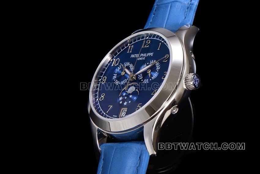 ZP factory Patek Philippe complex function timepiece super cloneblue dial annual calendar leather strap model 4947Gside live photo